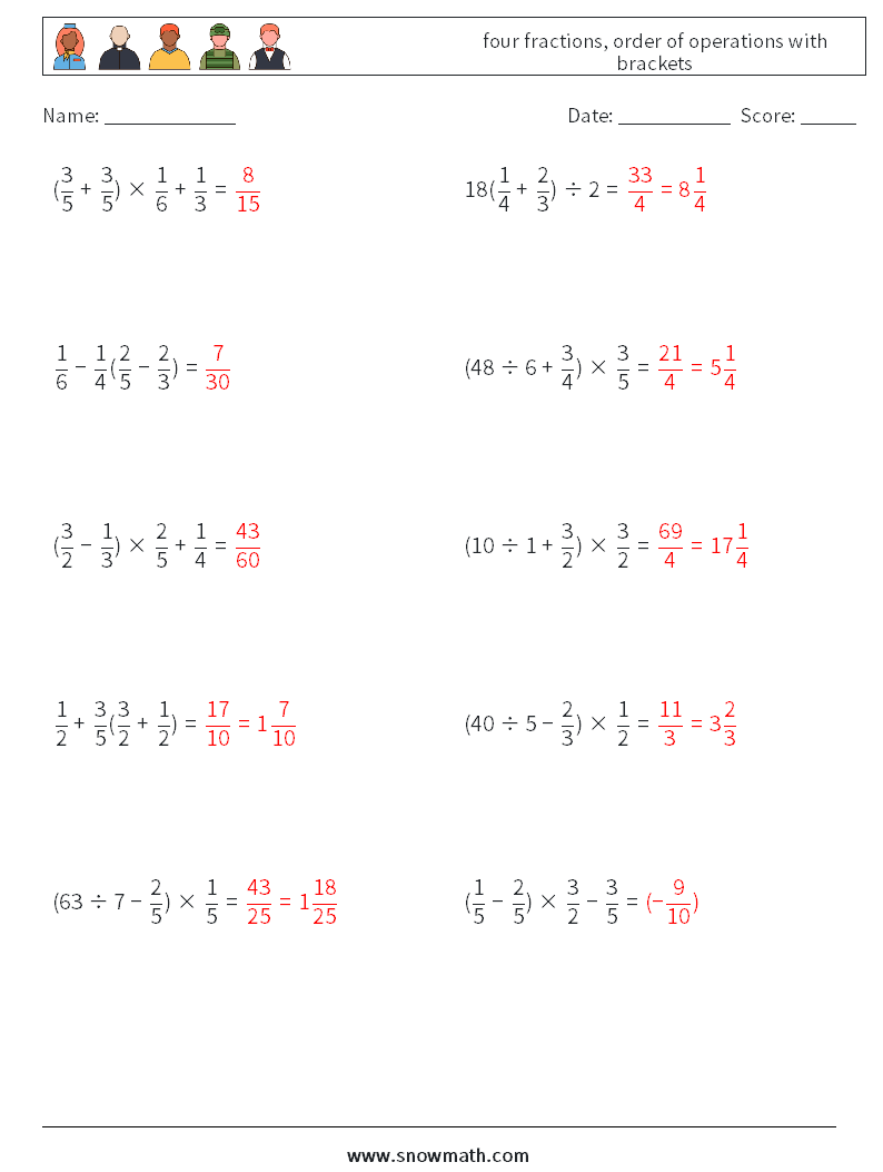 four fractions, order of operations with brackets Math Worksheets 17 Question, Answer