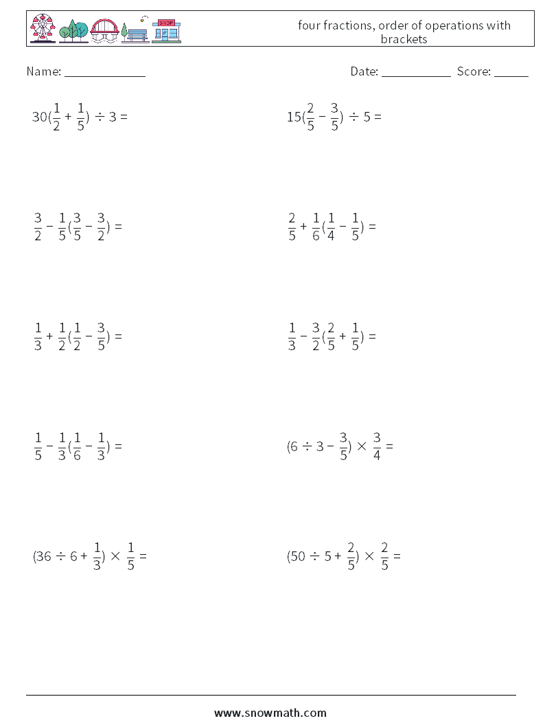 four fractions, order of operations with brackets Maths Worksheets 18