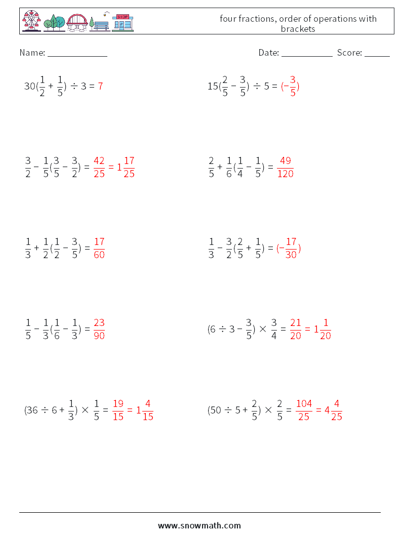 four fractions, order of operations with brackets Math Worksheets 18 Question, Answer