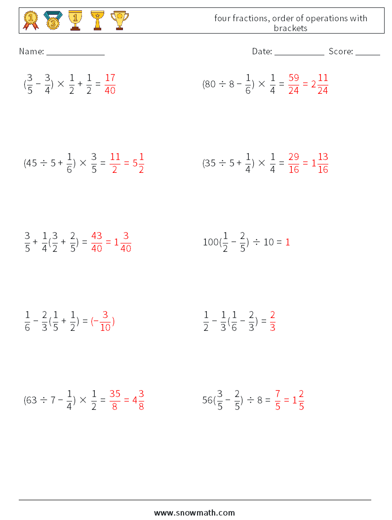 four fractions, order of operations with brackets Math Worksheets 1 Question, Answer