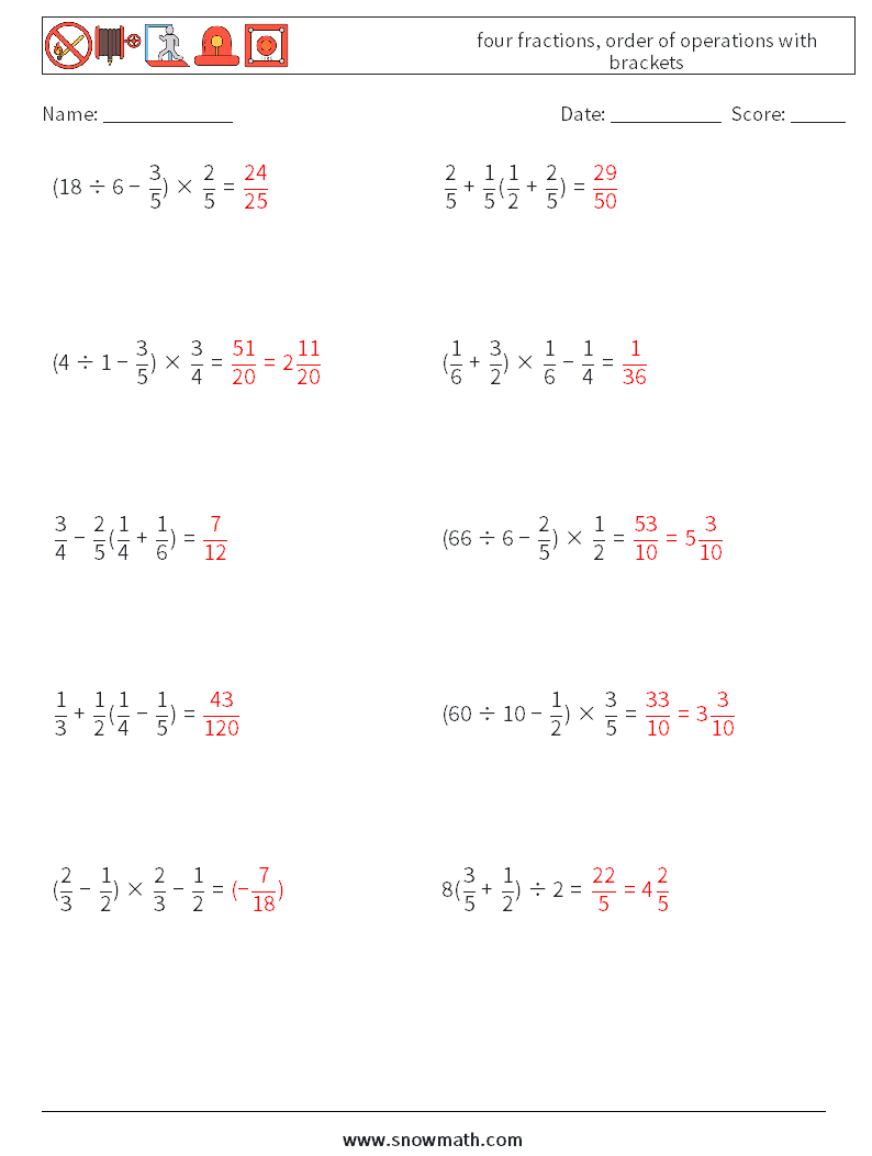 four fractions, order of operations with brackets Math Worksheets 2 Question, Answer