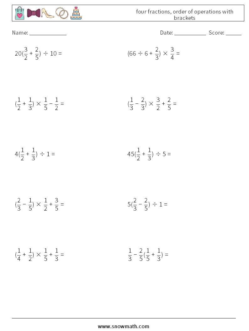 four fractions, order of operations with brackets Math Worksheets 3