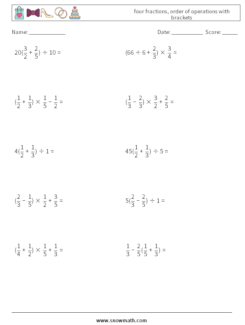 four fractions, order of operations with brackets Maths Worksheets 3