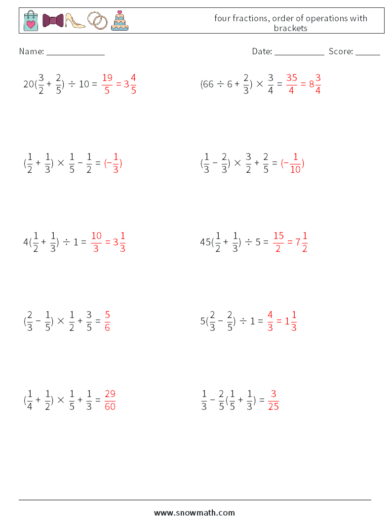 four fractions, order of operations with brackets Math Worksheets 3 Question, Answer