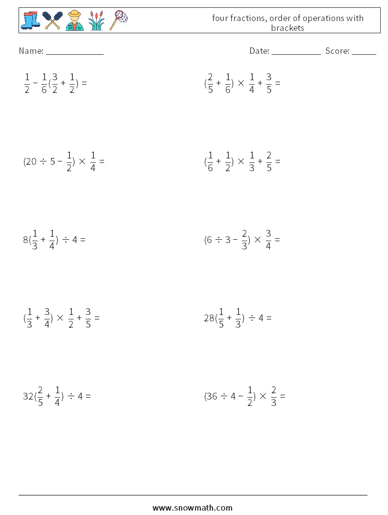 four fractions, order of operations with brackets Maths Worksheets 4