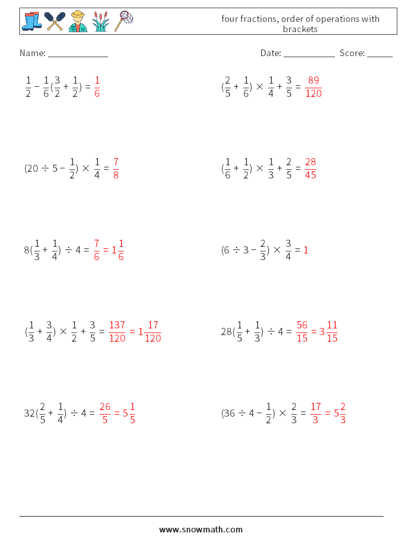 four fractions, order of operations with brackets Math Worksheets 4 Question, Answer