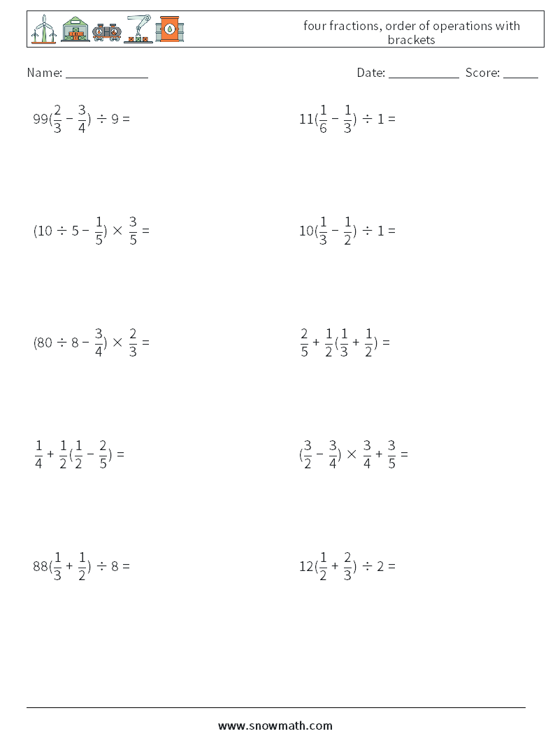 four fractions, order of operations with brackets Math Worksheets 5
