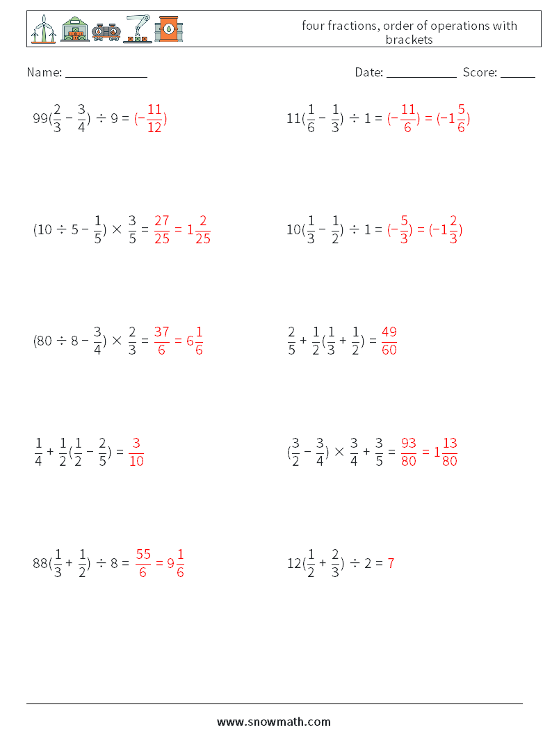 four fractions, order of operations with brackets Math Worksheets 5 Question, Answer