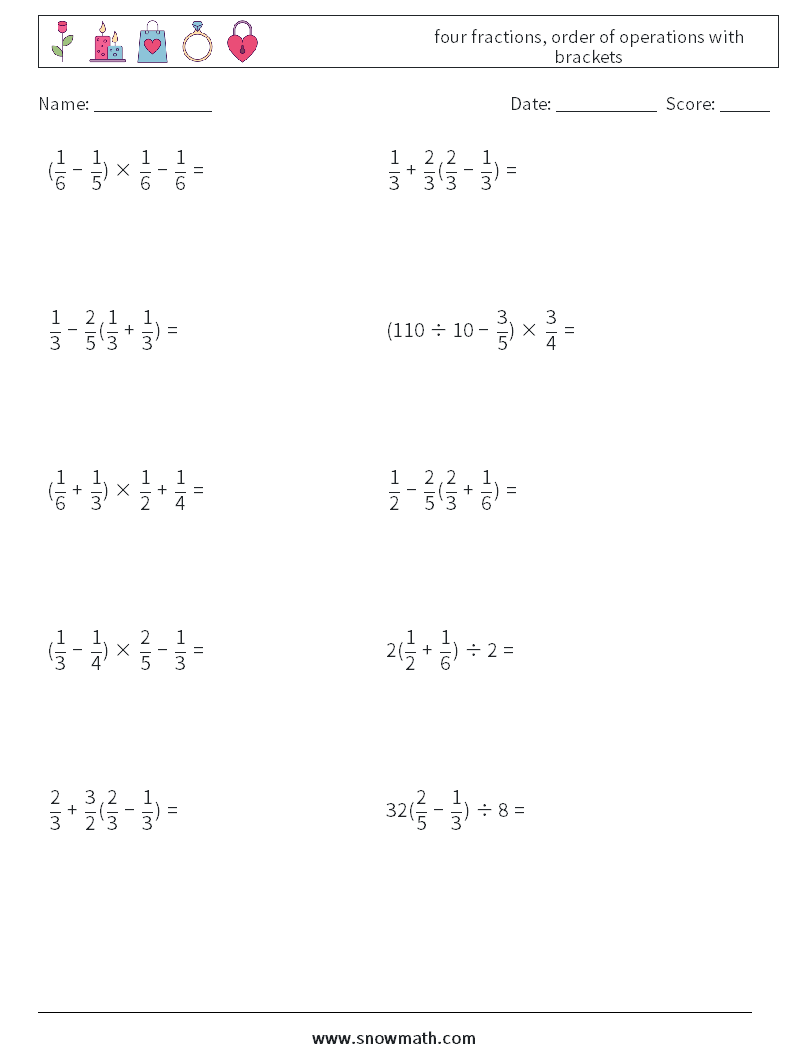 four fractions, order of operations with brackets Maths Worksheets 6