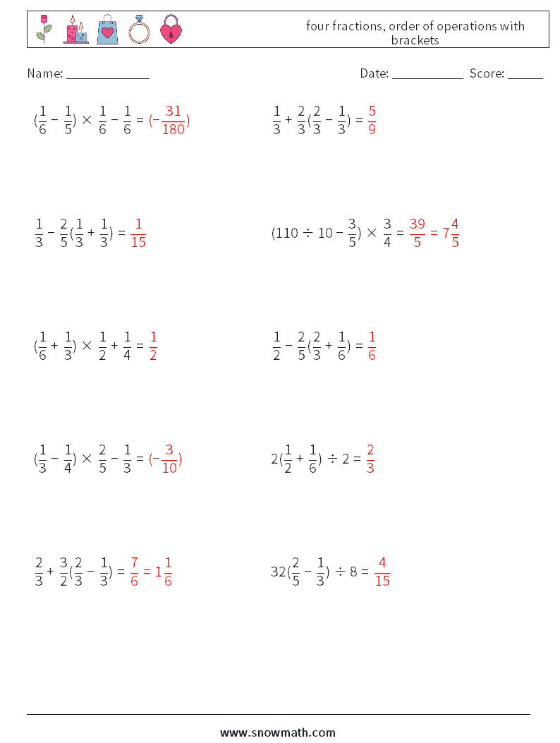 four fractions, order of operations with brackets Math Worksheets 6 Question, Answer