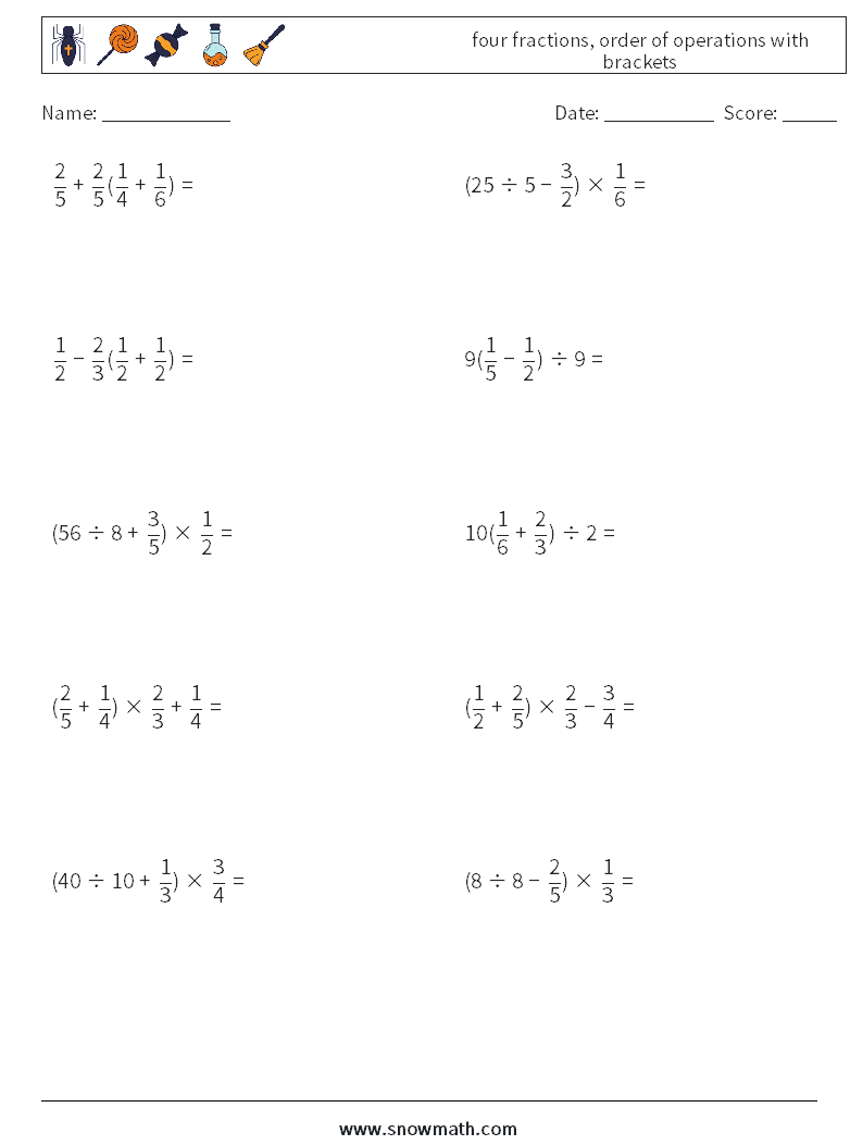 four fractions, order of operations with brackets Maths Worksheets 7