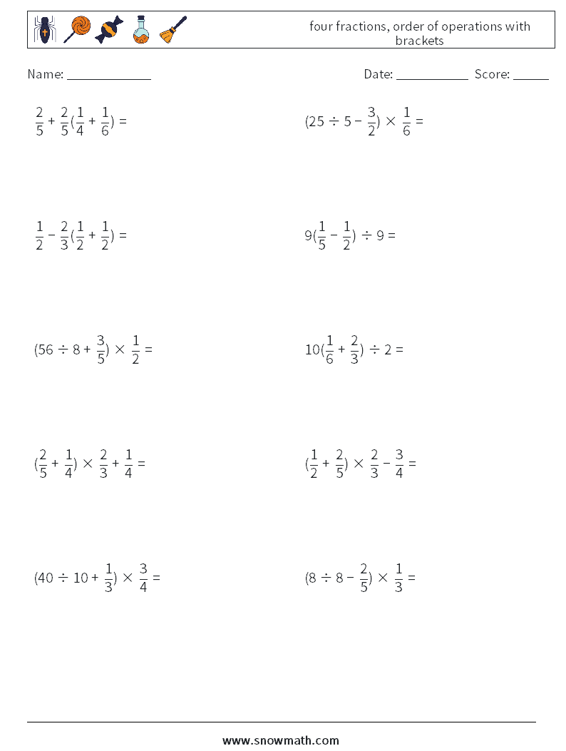 four fractions, order of operations with brackets Math Worksheets 7