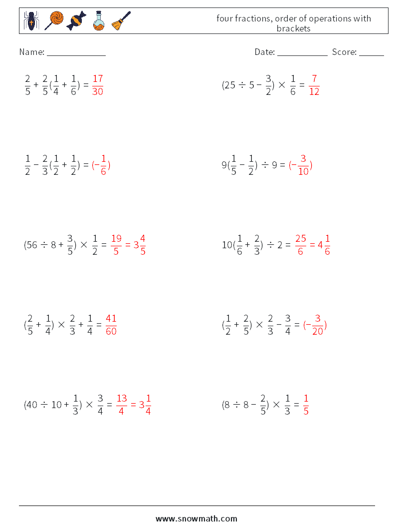four fractions, order of operations with brackets Math Worksheets 7 Question, Answer