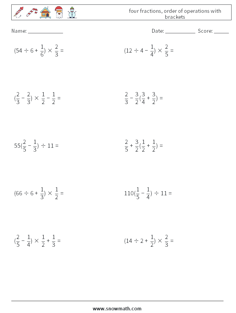 four fractions, order of operations with brackets Math Worksheets 8
