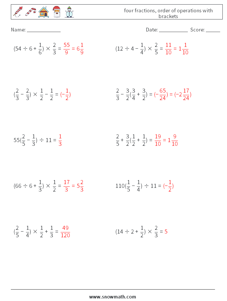 four fractions, order of operations with brackets Math Worksheets 8 Question, Answer