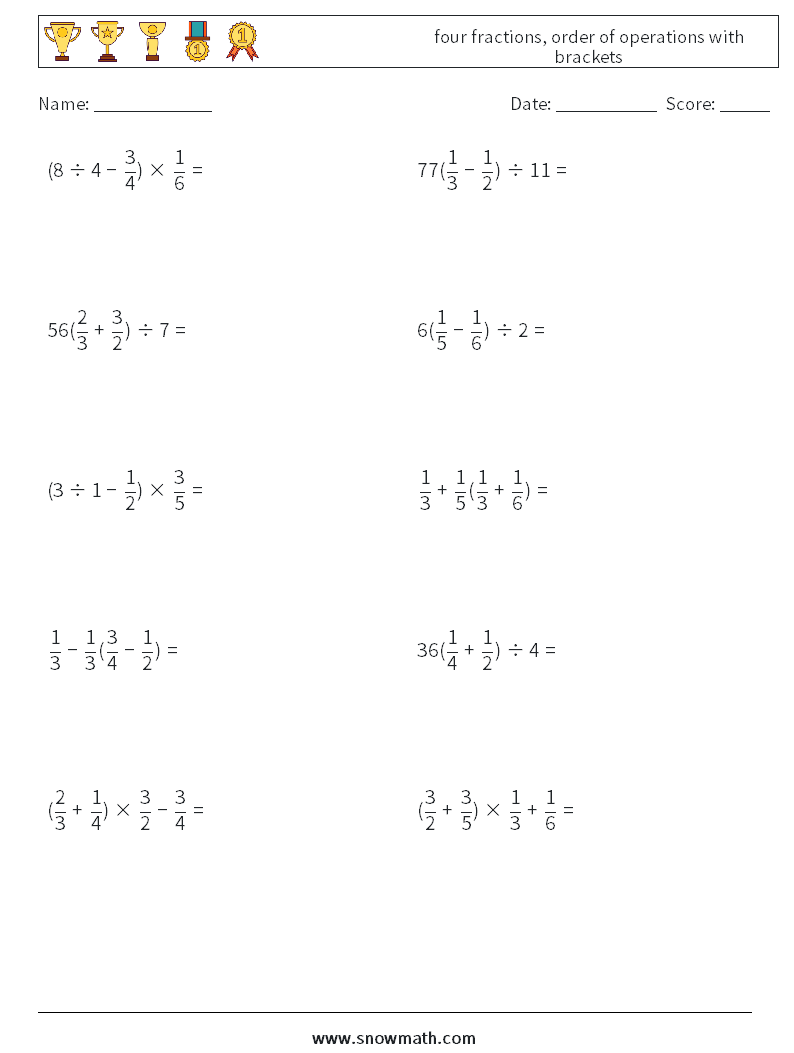 four fractions, order of operations with brackets Math Worksheets 9