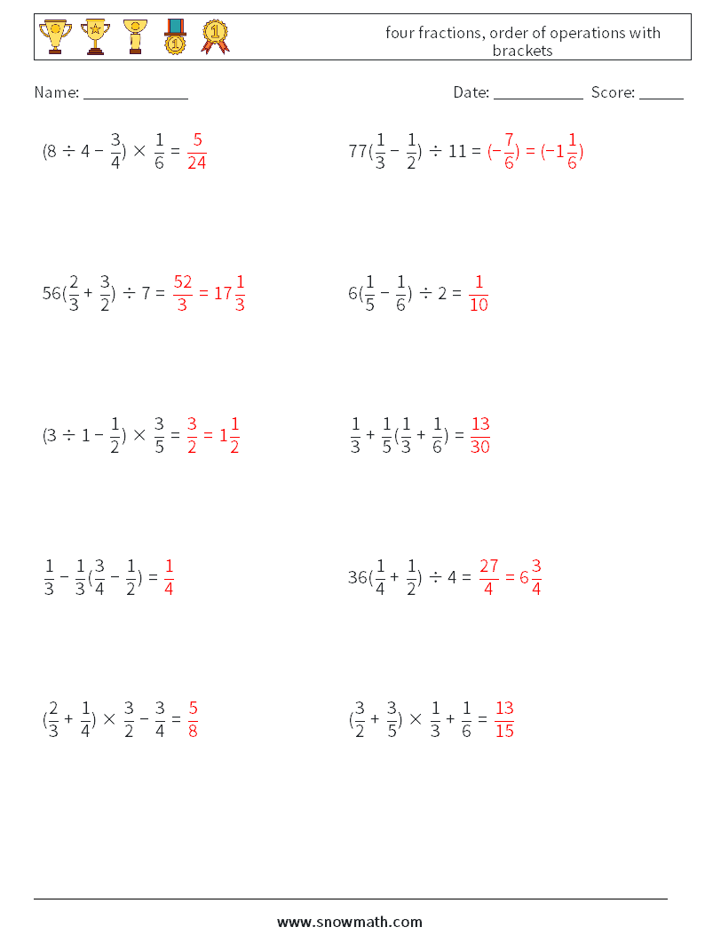 four fractions, order of operations with brackets Math Worksheets 9 Question, Answer