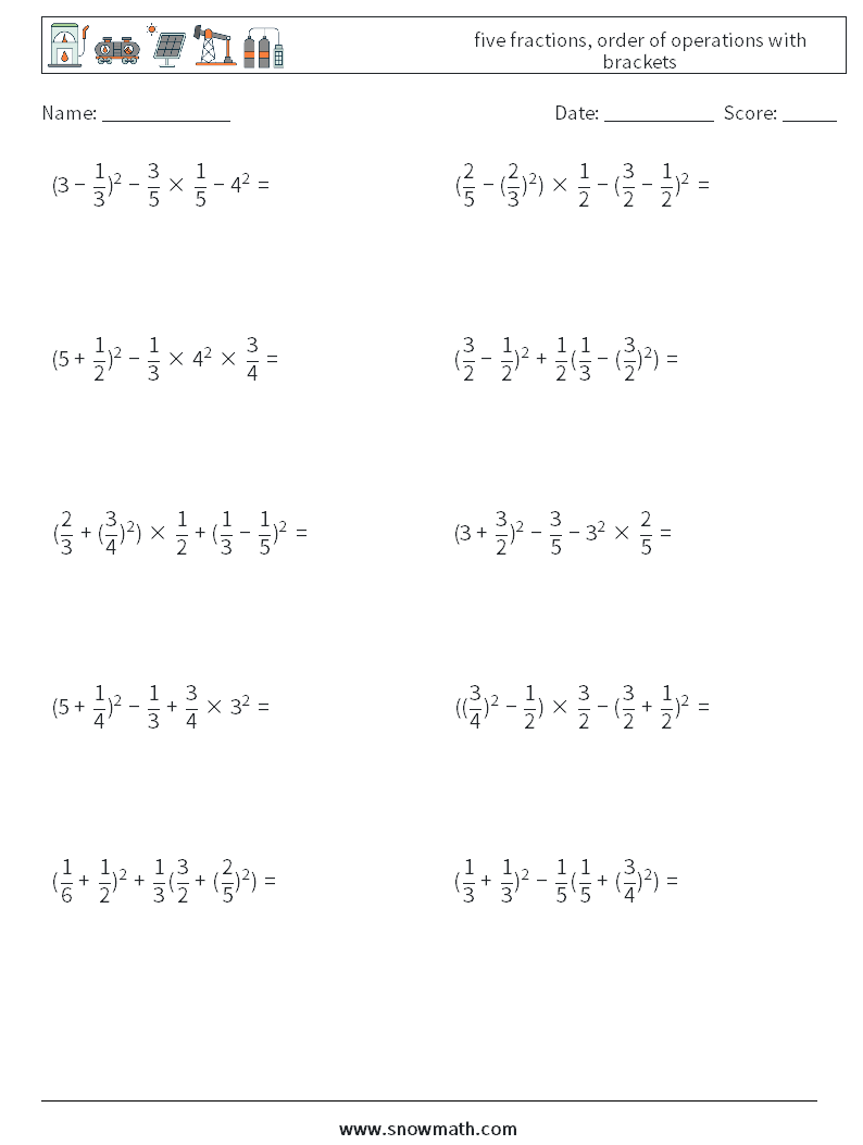 five fractions, order of operations with brackets Maths Worksheets 1