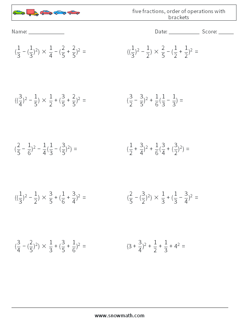 five fractions, order of operations with brackets Math Worksheets 10