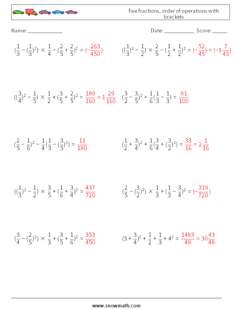 five fractions, order of operations with brackets Math Worksheets 10 Question, Answer