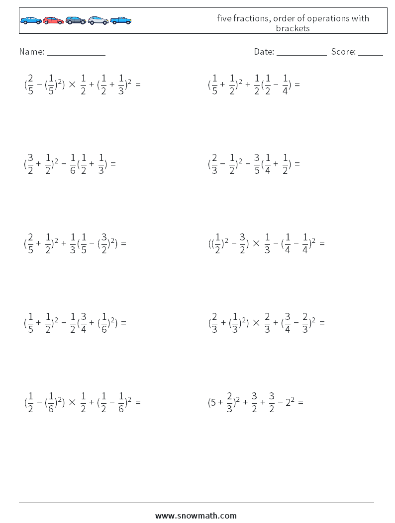 five fractions, order of operations with brackets Maths Worksheets 12