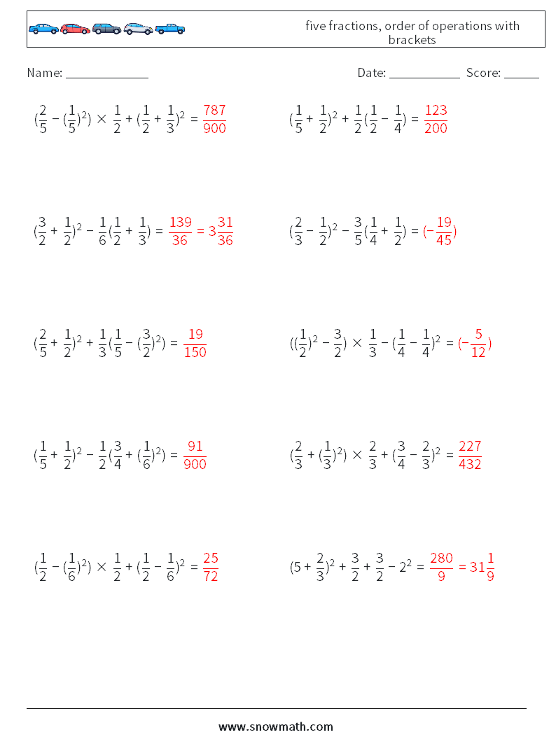 five fractions, order of operations with brackets Math Worksheets 12 Question, Answer