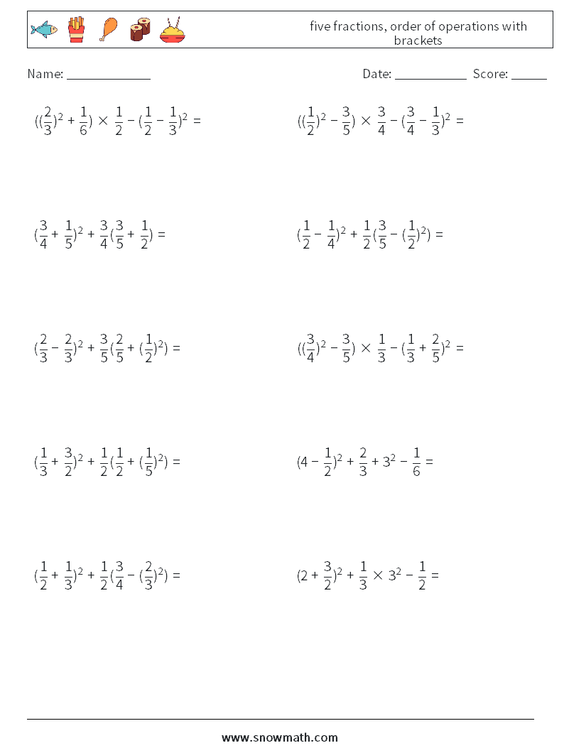 five fractions, order of operations with brackets Math Worksheets 13