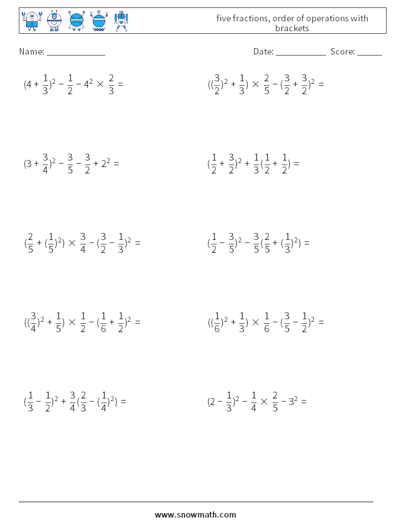 five fractions, order of operations with brackets Math Worksheets 14