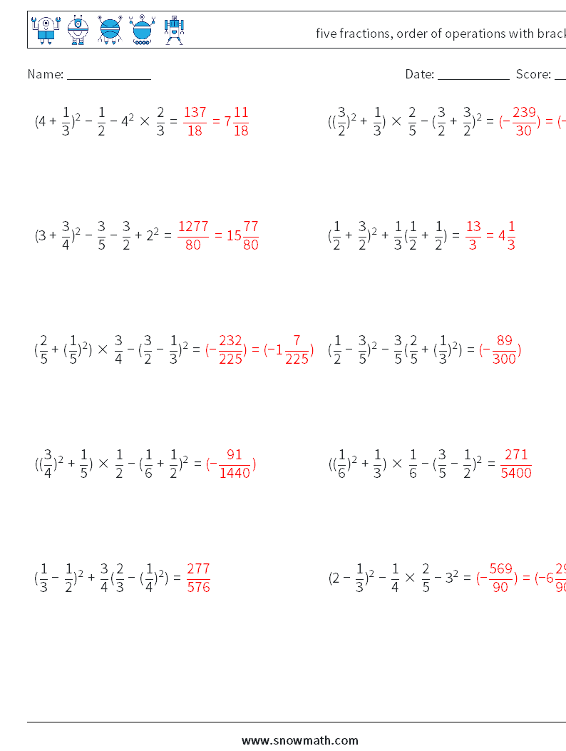 five fractions, order of operations with brackets Math Worksheets 14 Question, Answer