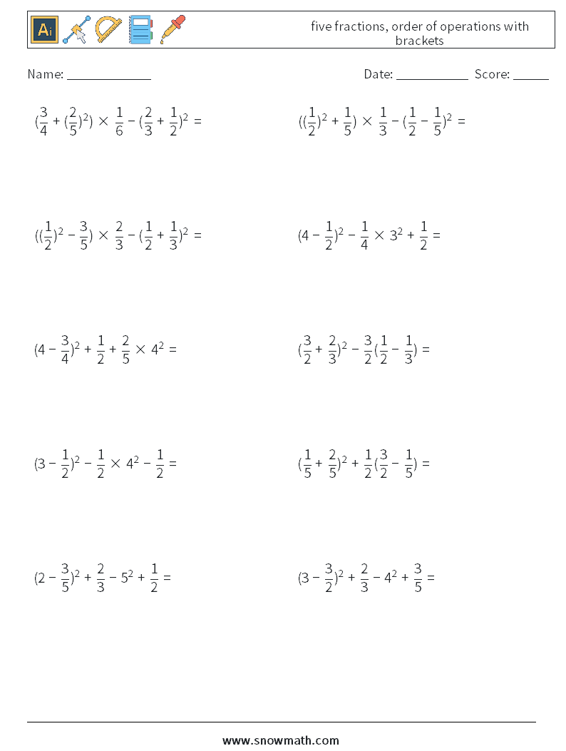 five fractions, order of operations with brackets Math Worksheets 15