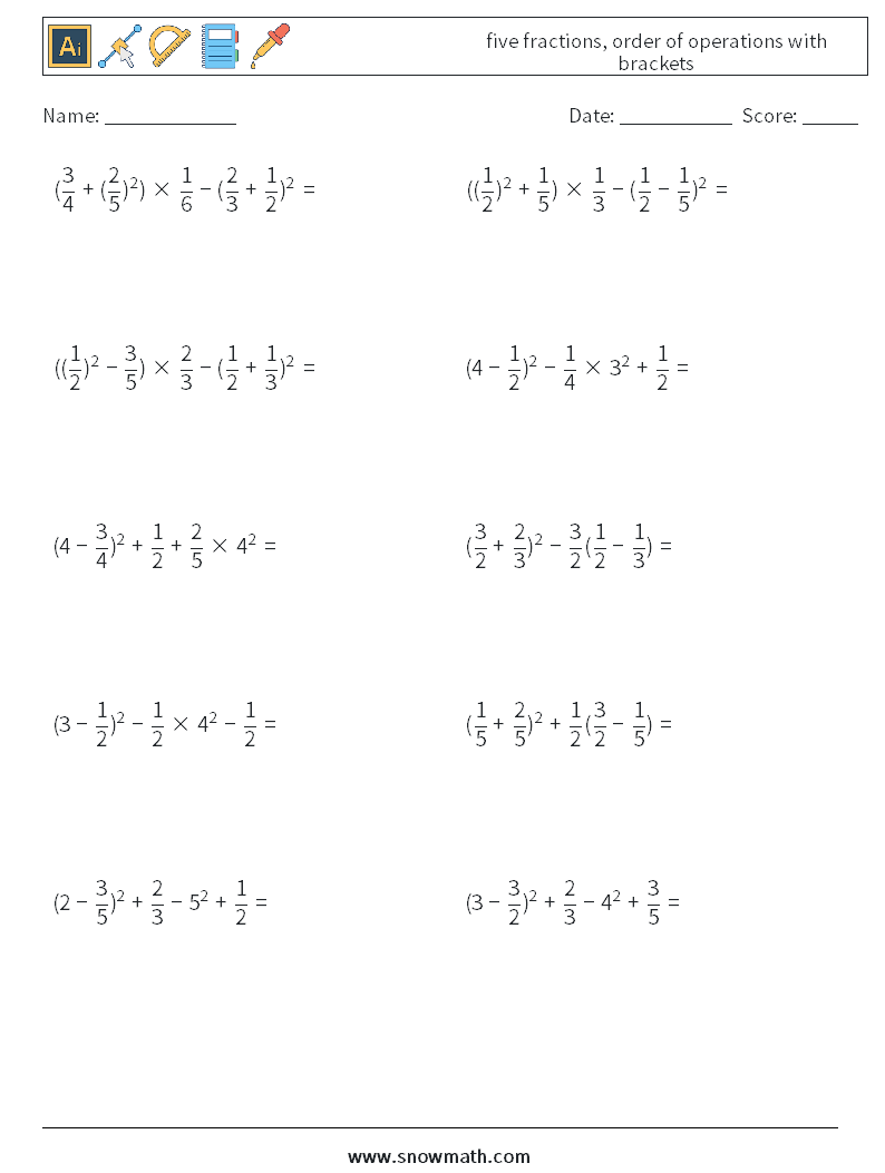 five fractions, order of operations with brackets Maths Worksheets 15