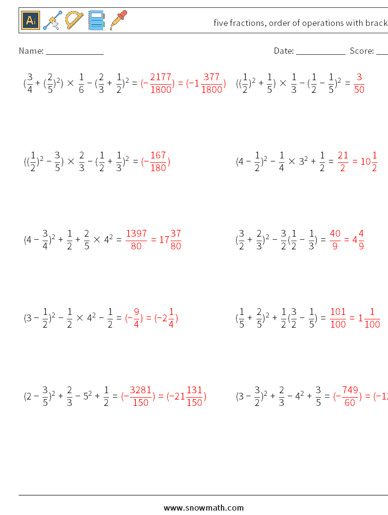 five fractions, order of operations with brackets Math Worksheets 15 Question, Answer