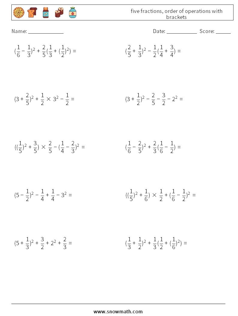five fractions, order of operations with brackets Maths Worksheets 16