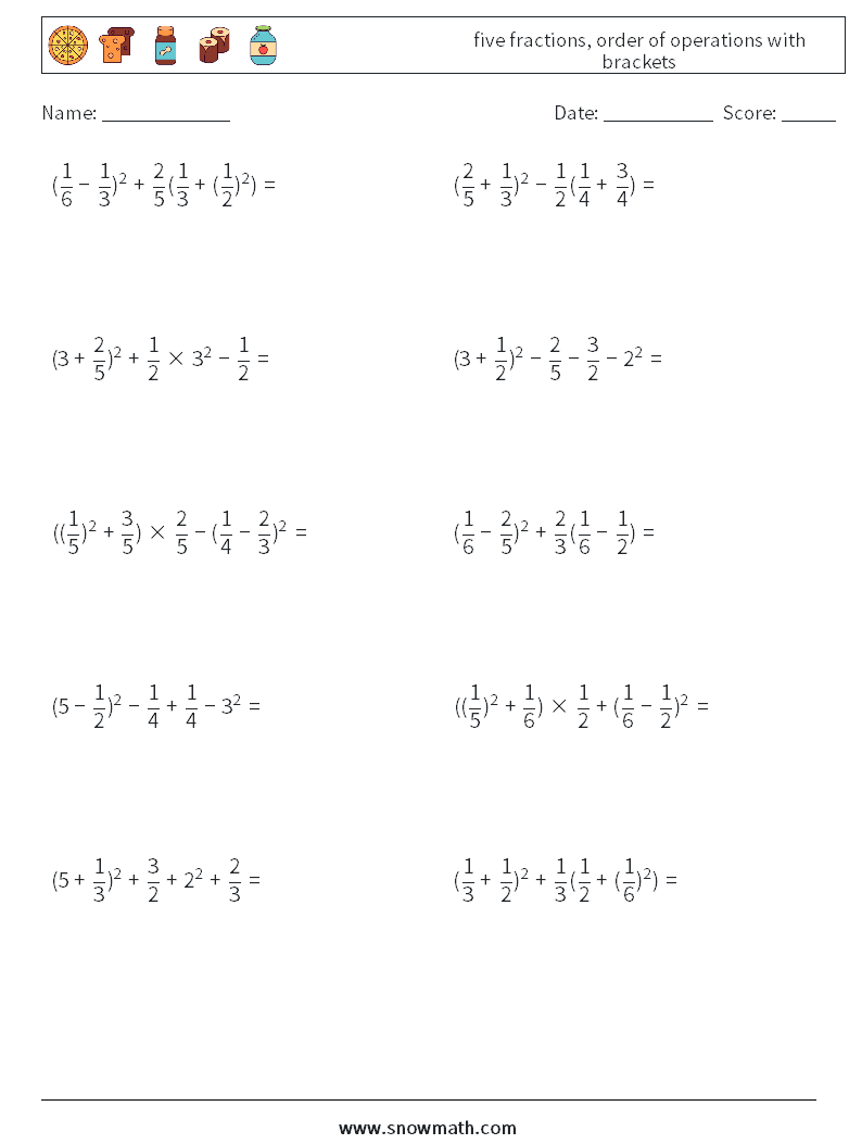 five fractions, order of operations with brackets Math Worksheets 16