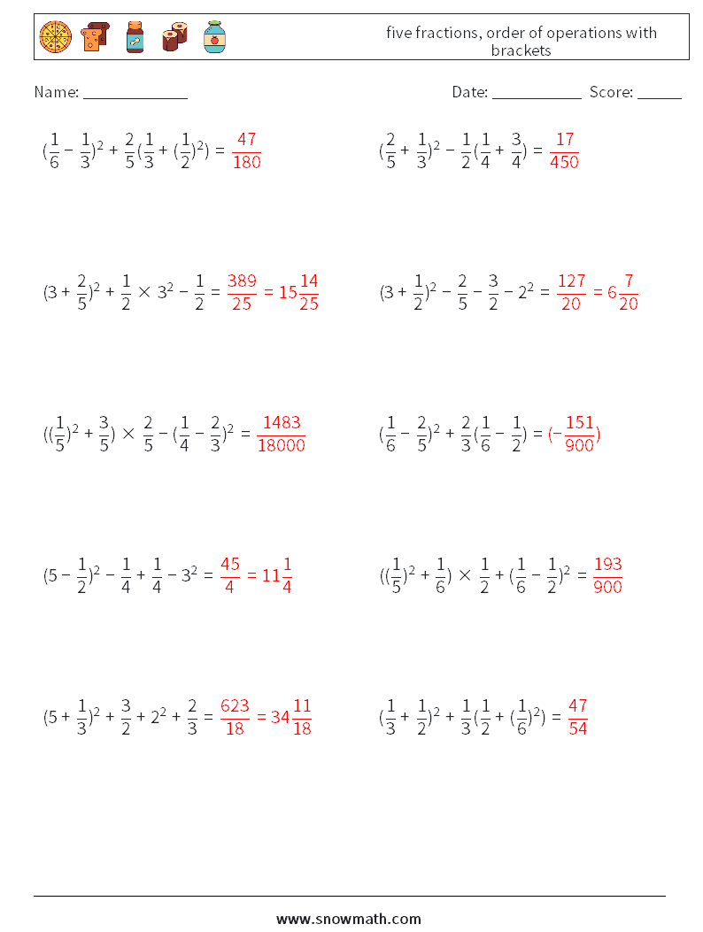 five fractions, order of operations with brackets Math Worksheets 16 Question, Answer