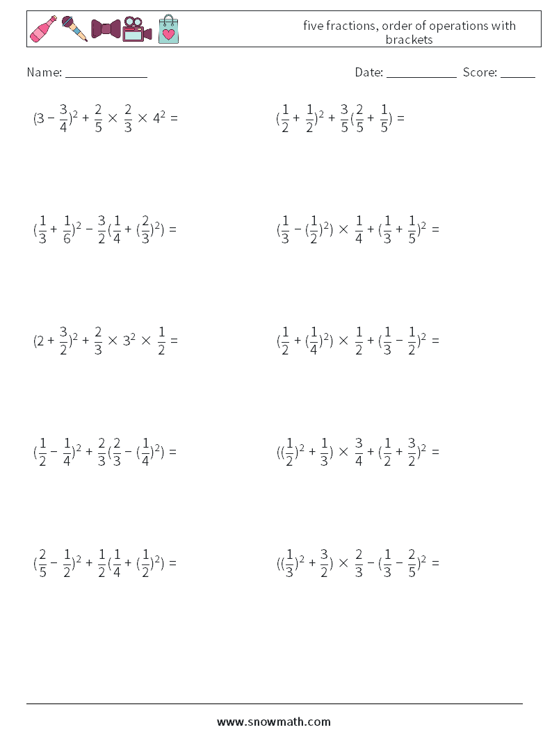 five fractions, order of operations with brackets Math Worksheets 17