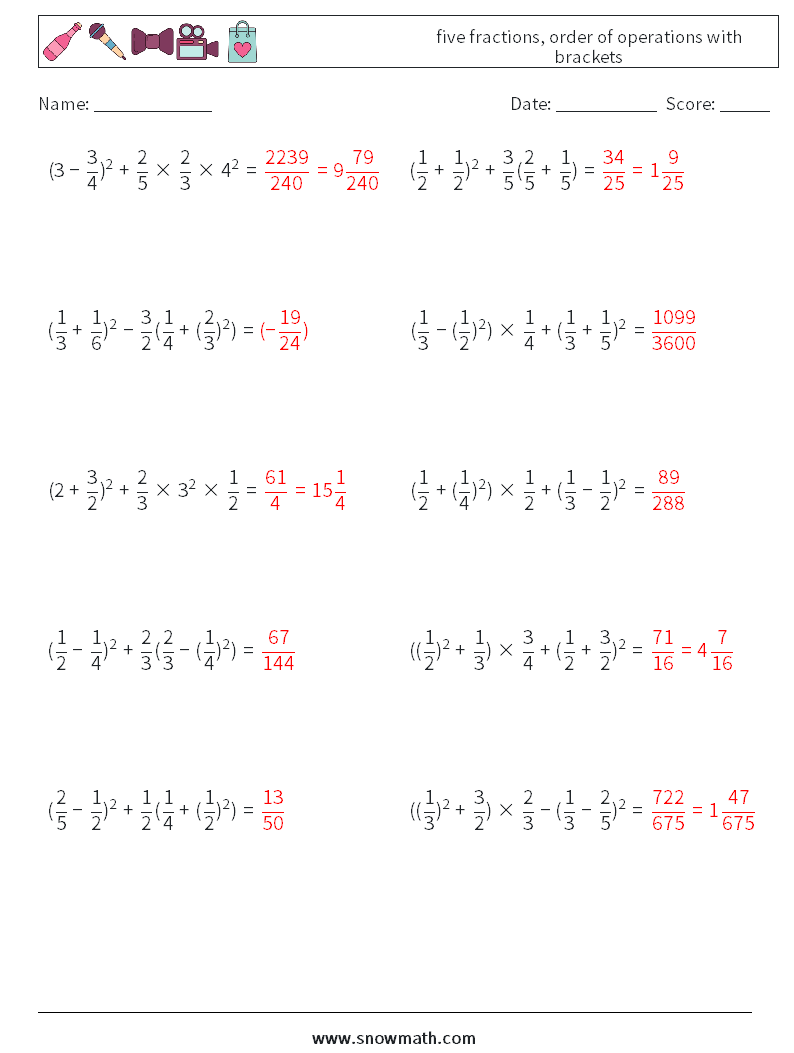 five fractions, order of operations with brackets Math Worksheets 17 Question, Answer