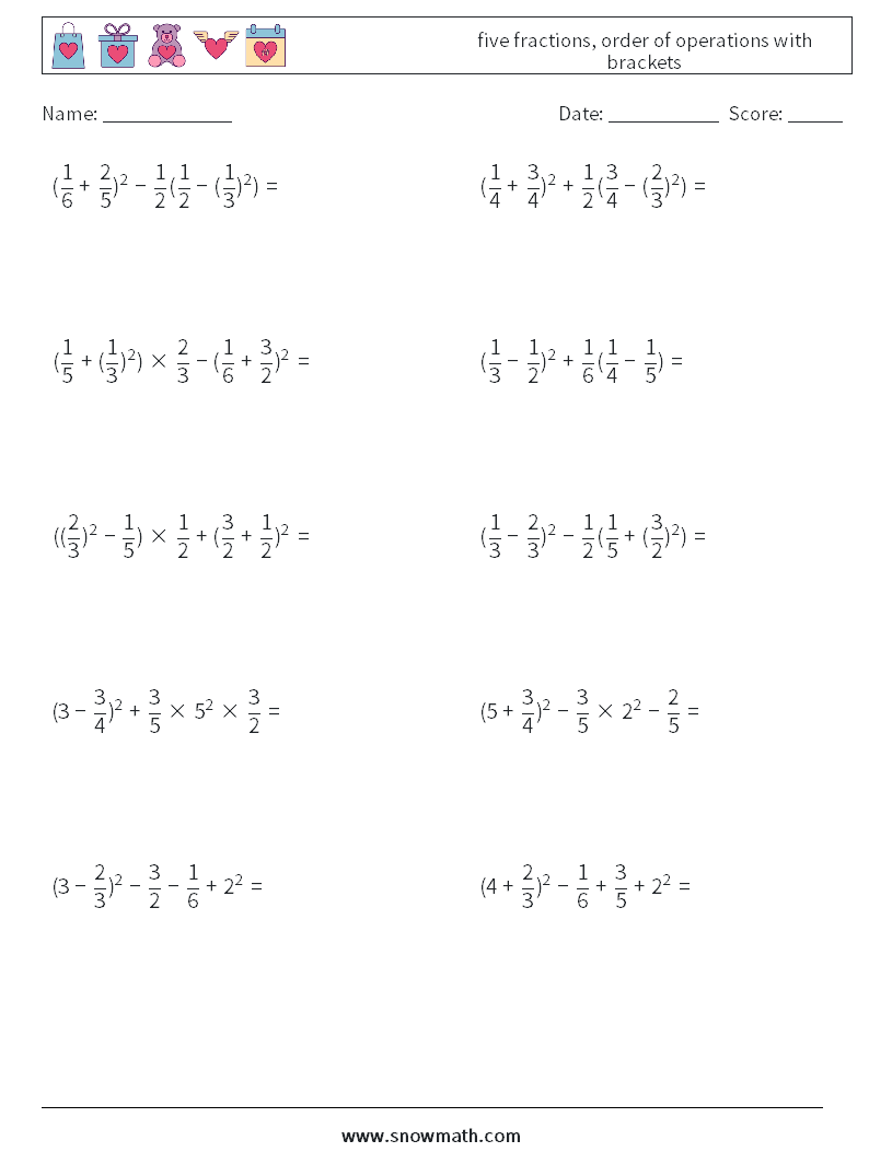 five fractions, order of operations with brackets Maths Worksheets 18