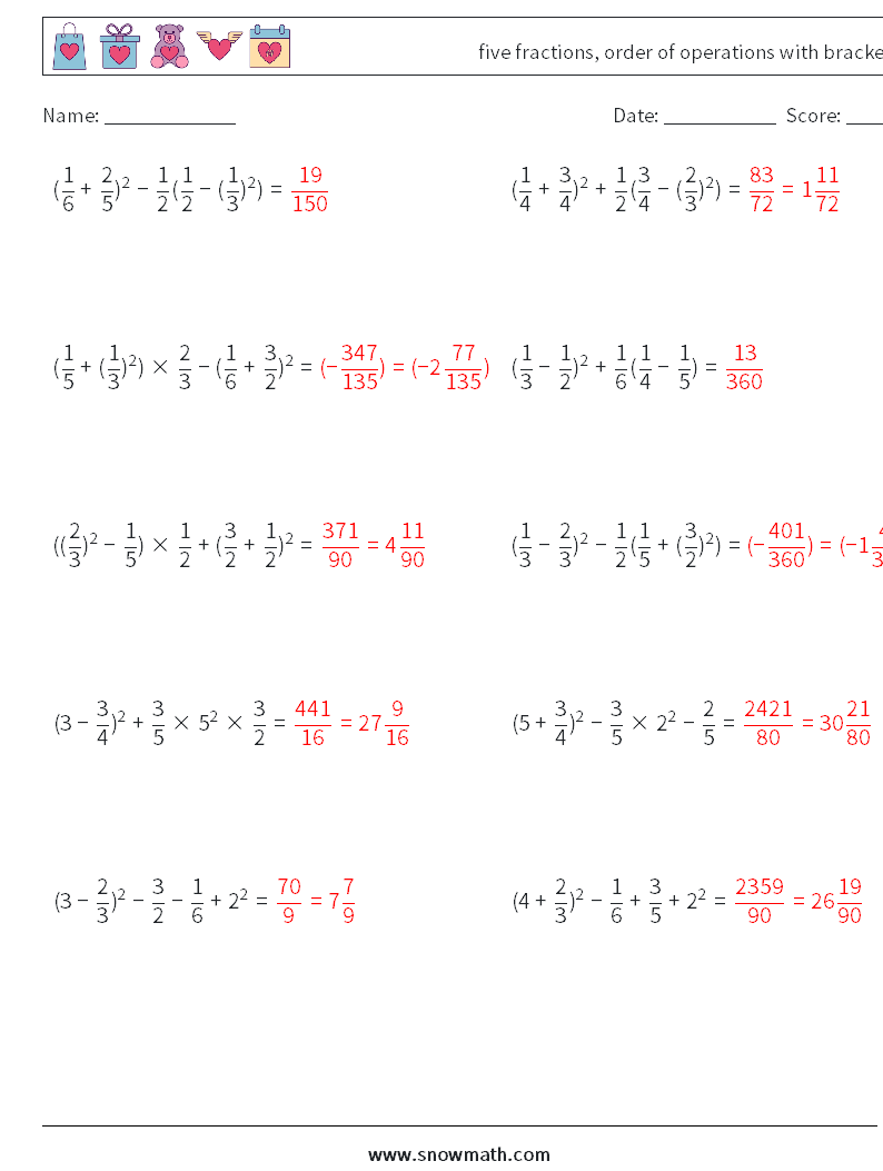 five fractions, order of operations with brackets Math Worksheets 18 Question, Answer