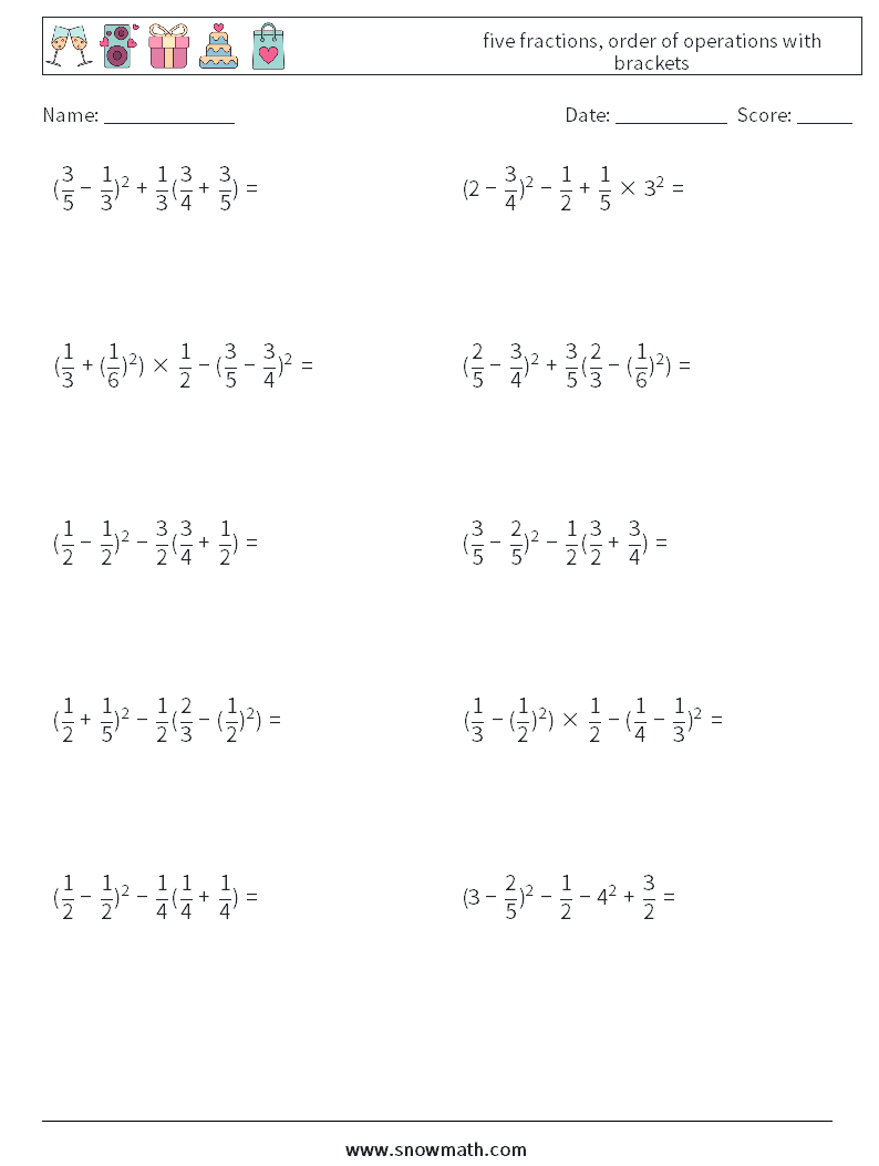 five fractions, order of operations with brackets Math Worksheets 2