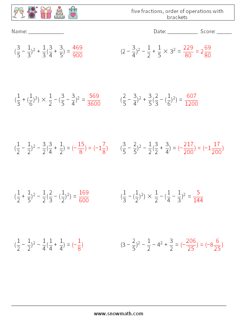 five fractions, order of operations with brackets Math Worksheets 2 Question, Answer