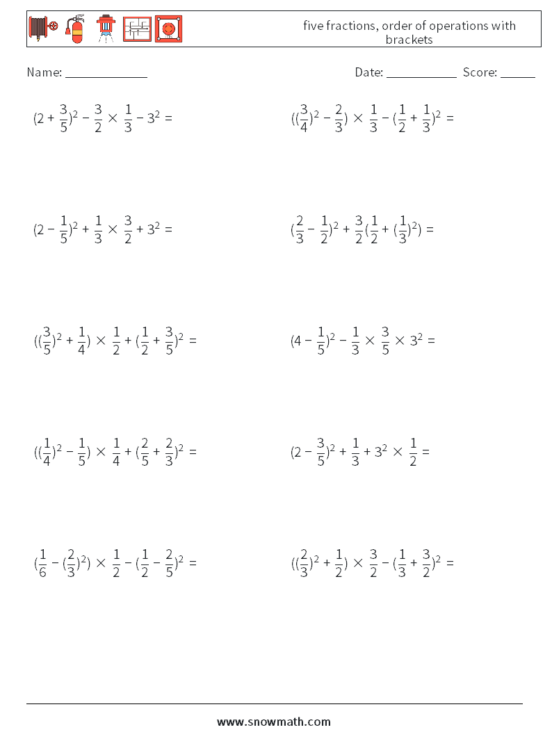 five fractions, order of operations with brackets Math Worksheets 3