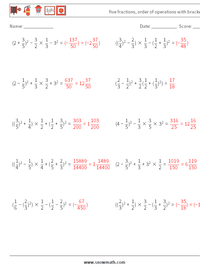 five fractions, order of operations with brackets Math Worksheets 3 Question, Answer