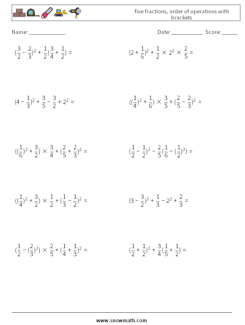 five fractions, order of operations with brackets Math Worksheets 4