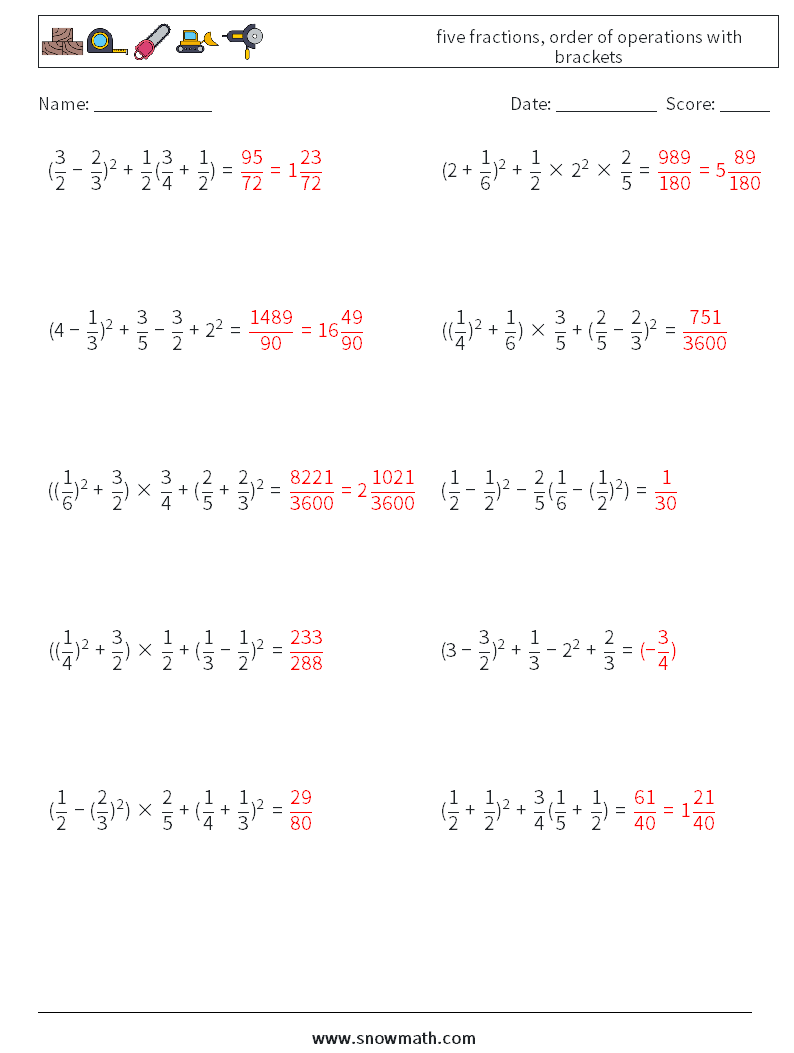 five fractions, order of operations with brackets Math Worksheets 4 Question, Answer