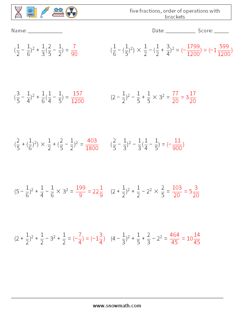 five fractions, order of operations with brackets Math Worksheets 5 Question, Answer