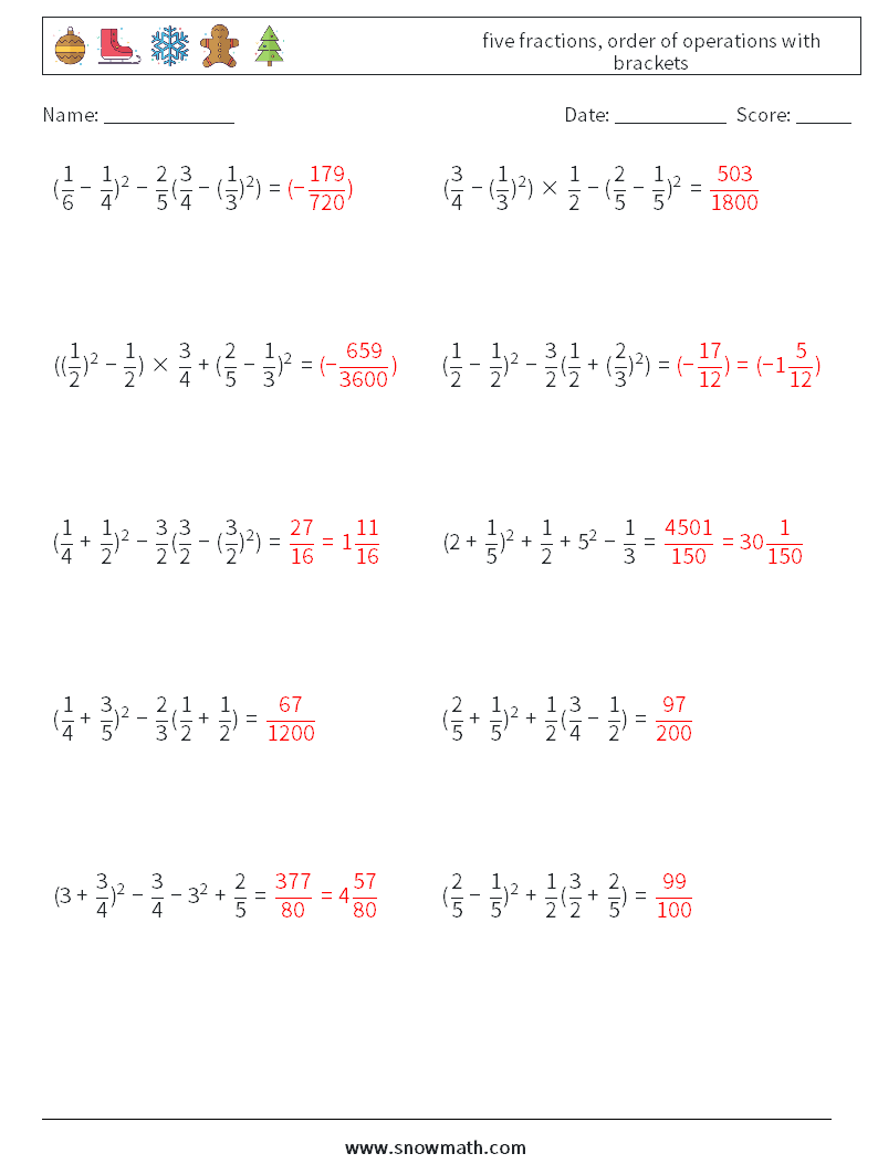 five fractions, order of operations with brackets Math Worksheets 6 Question, Answer