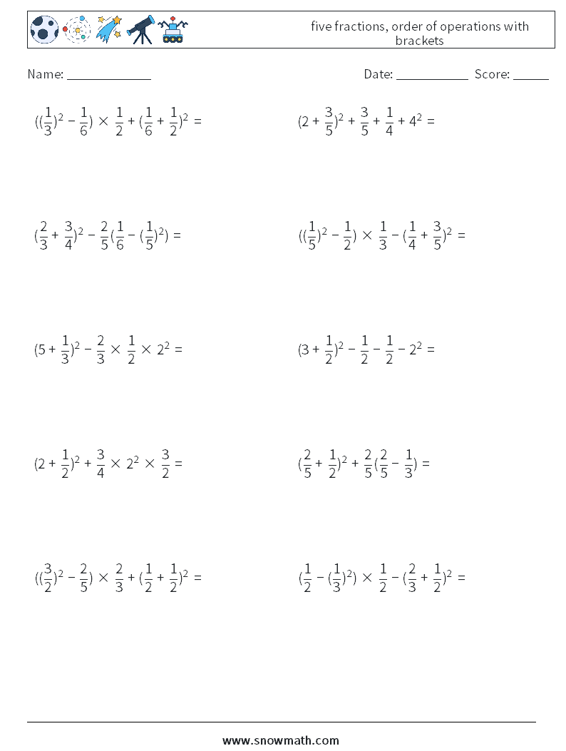 five fractions, order of operations with brackets Maths Worksheets 7