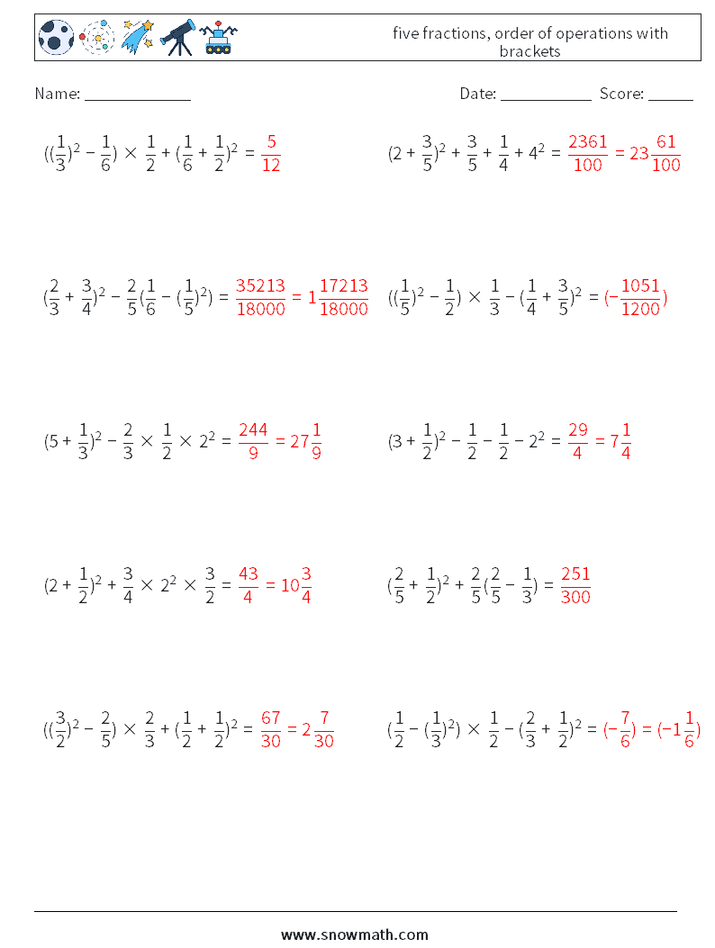 five fractions, order of operations with brackets Math Worksheets 7 Question, Answer