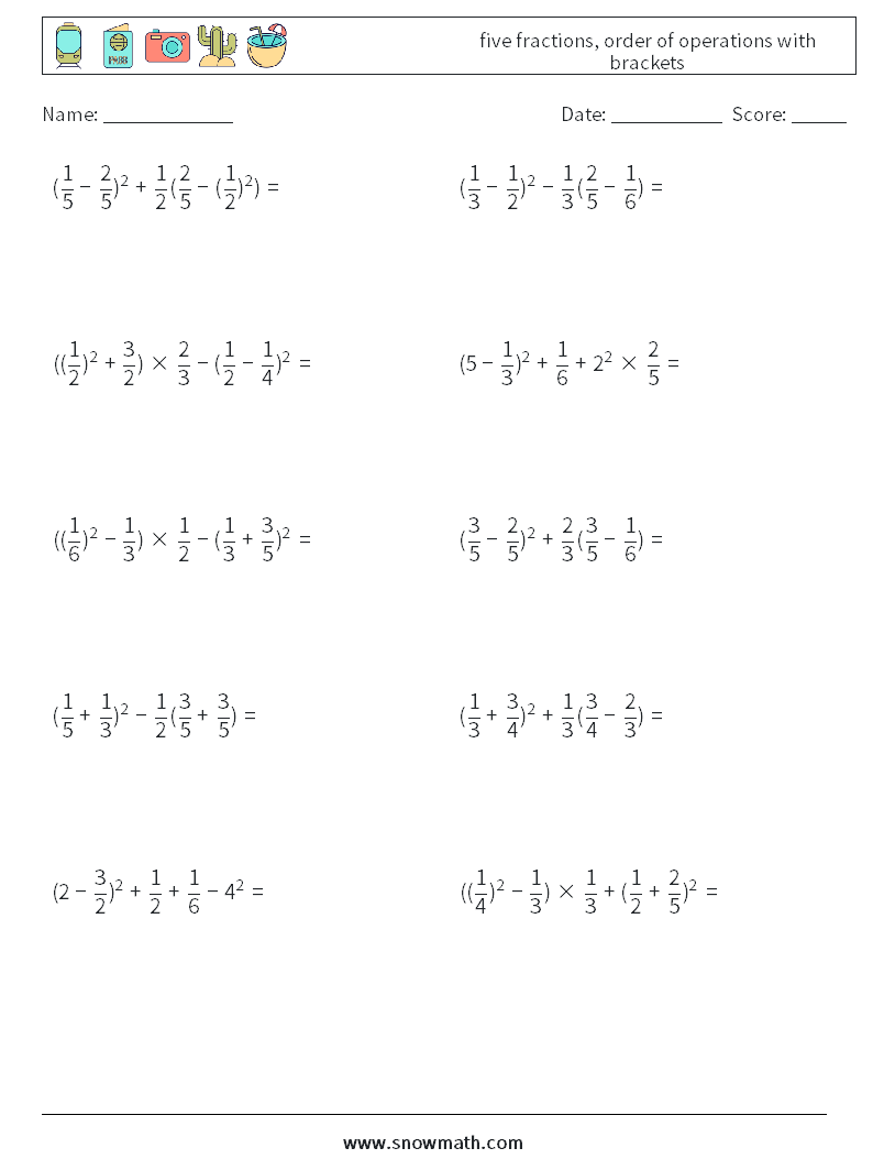 five fractions, order of operations with brackets Maths Worksheets 8